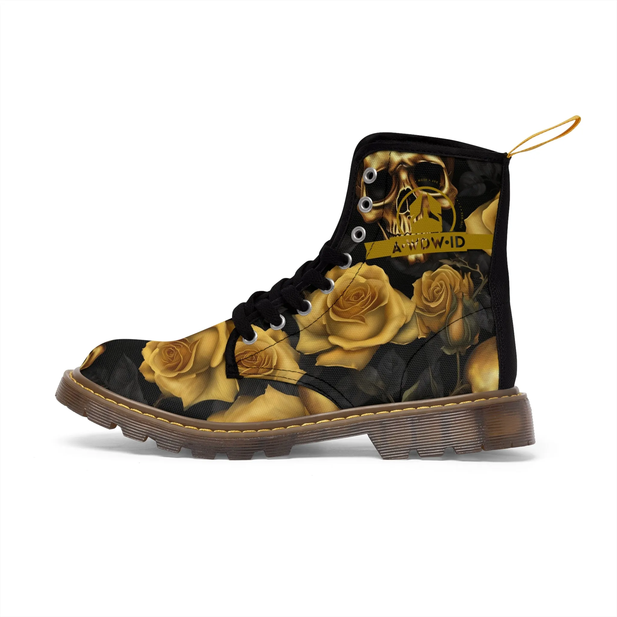 A1 Who Dares Wins ID  No 2 Gothic Skulls and Gold Roses Canvas Boots AOP