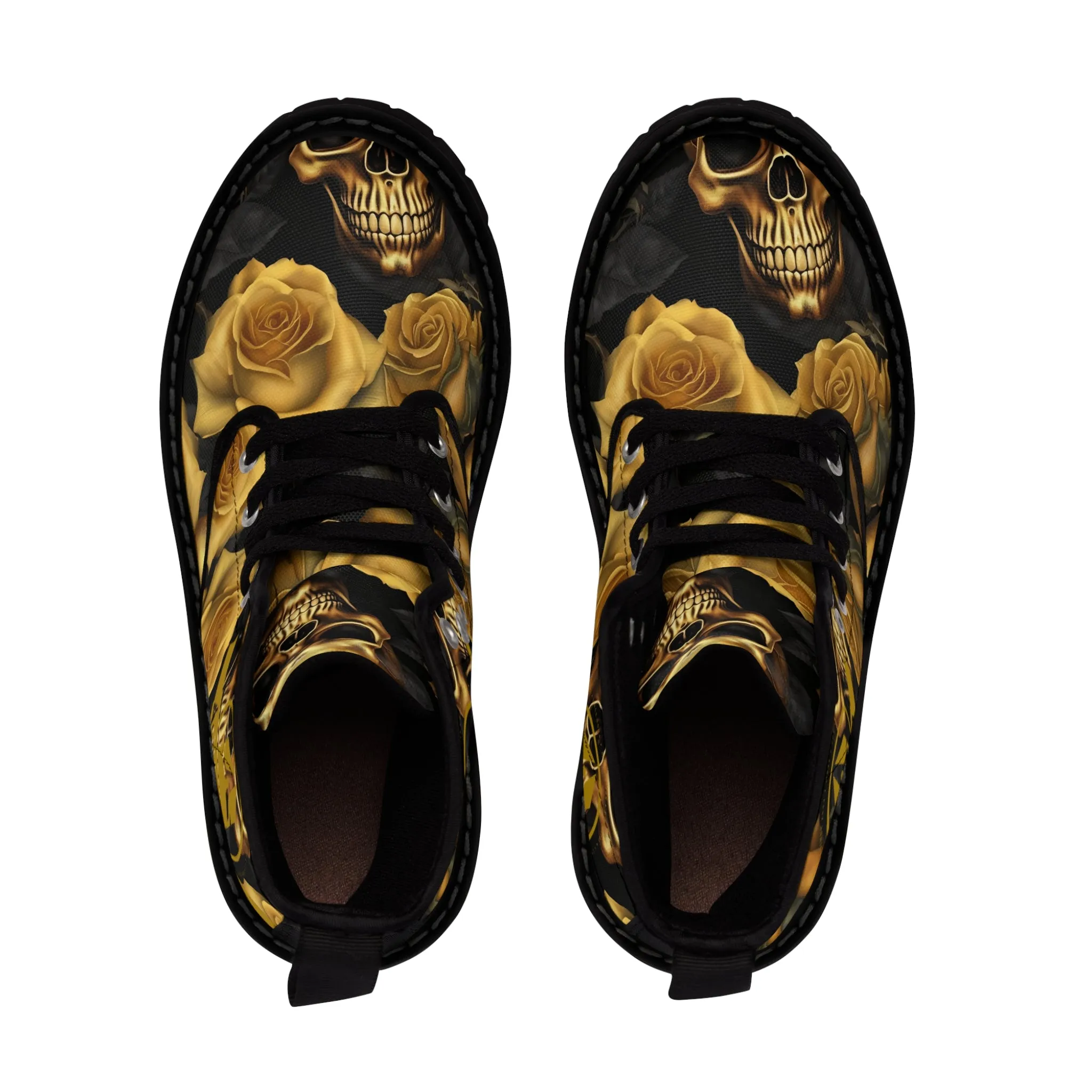 A1 Who Dares Wins ID  No 2 Gothic Skulls and Gold Roses Canvas Boots AOP