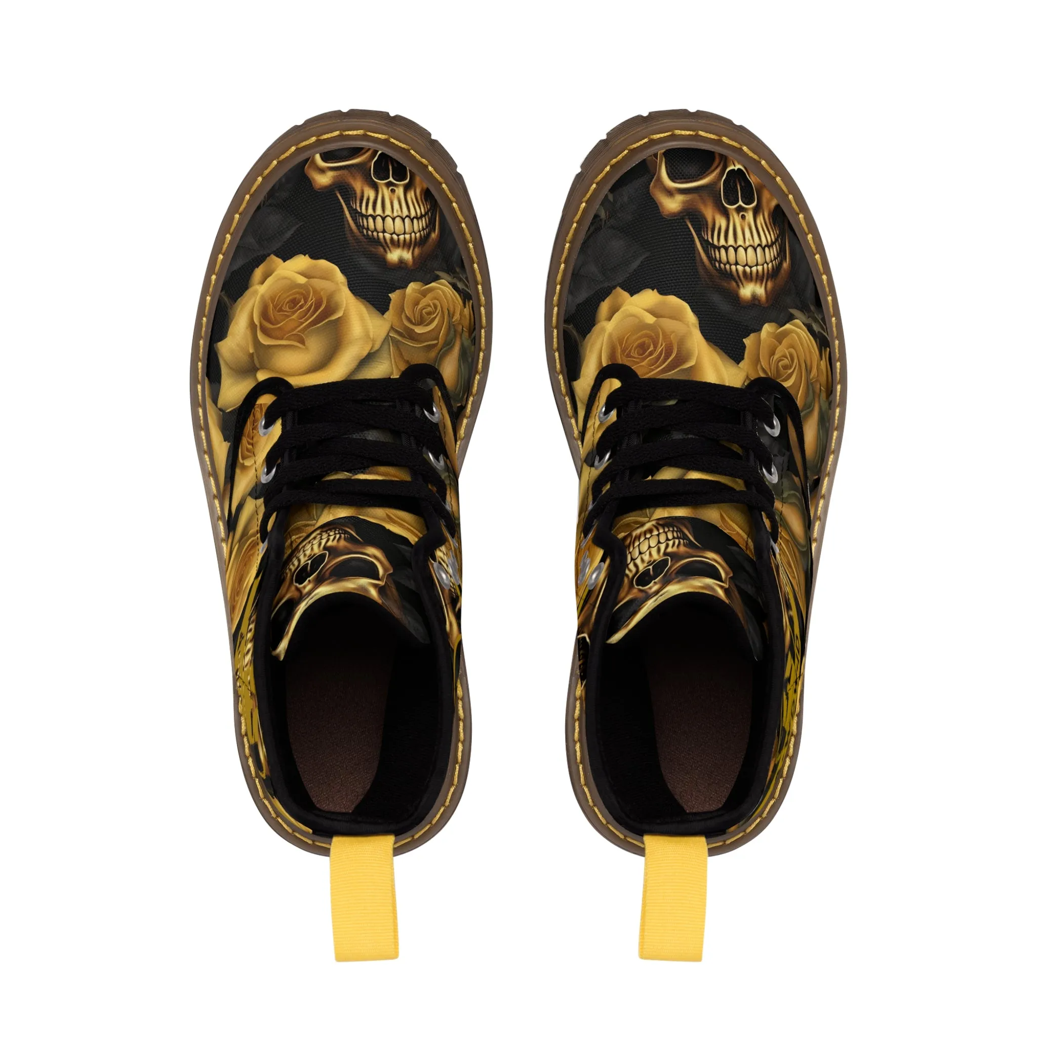 A1 Who Dares Wins ID  No 2 Gothic Skulls and Gold Roses Canvas Boots AOP