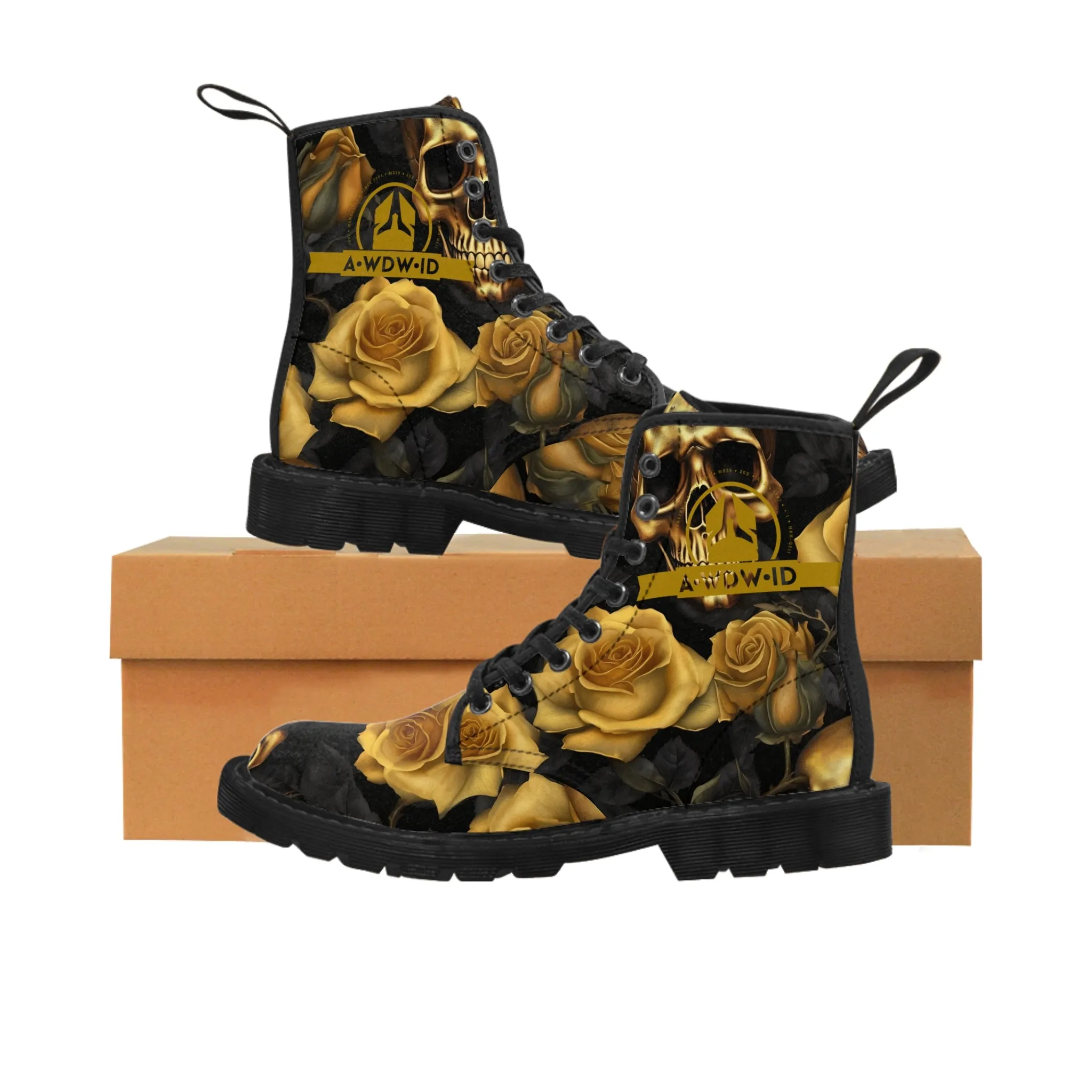 A1 Who Dares Wins ID  No 2 Gothic Skulls and Gold Roses Canvas Boots AOP