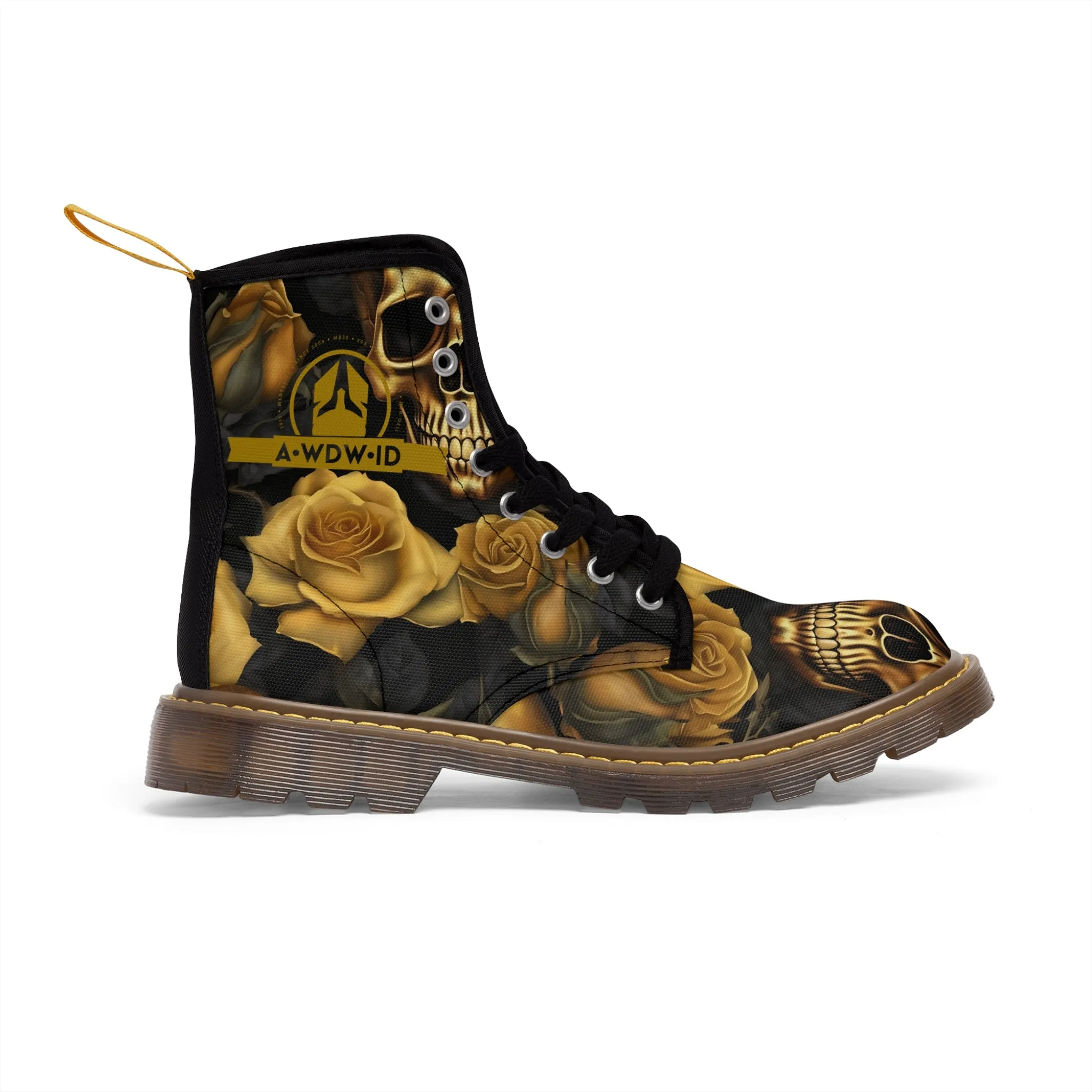 A1 Who Dares Wins ID  No 2 Gothic Skulls and Gold Roses Canvas Boots AOP