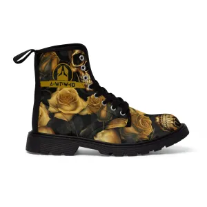 A1 Who Dares Wins ID  No 2 Gothic Skulls and Gold Roses Canvas Boots AOP