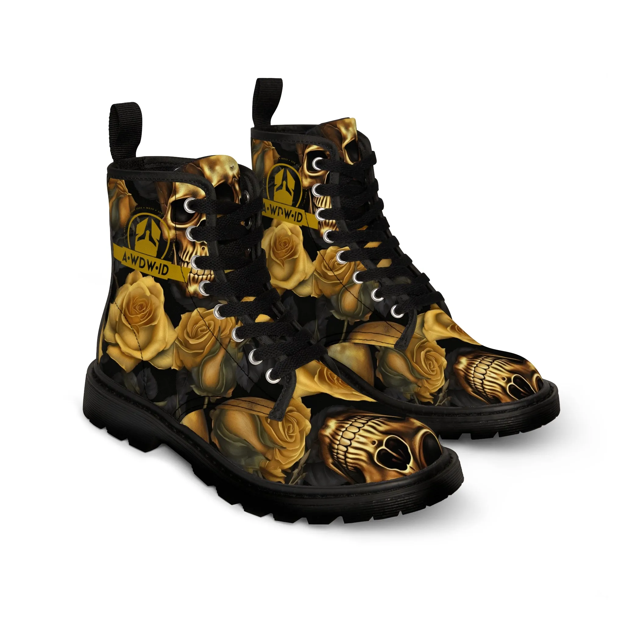 A1 Who Dares Wins ID  No 2 Gothic Skulls and Gold Roses Canvas Boots AOP