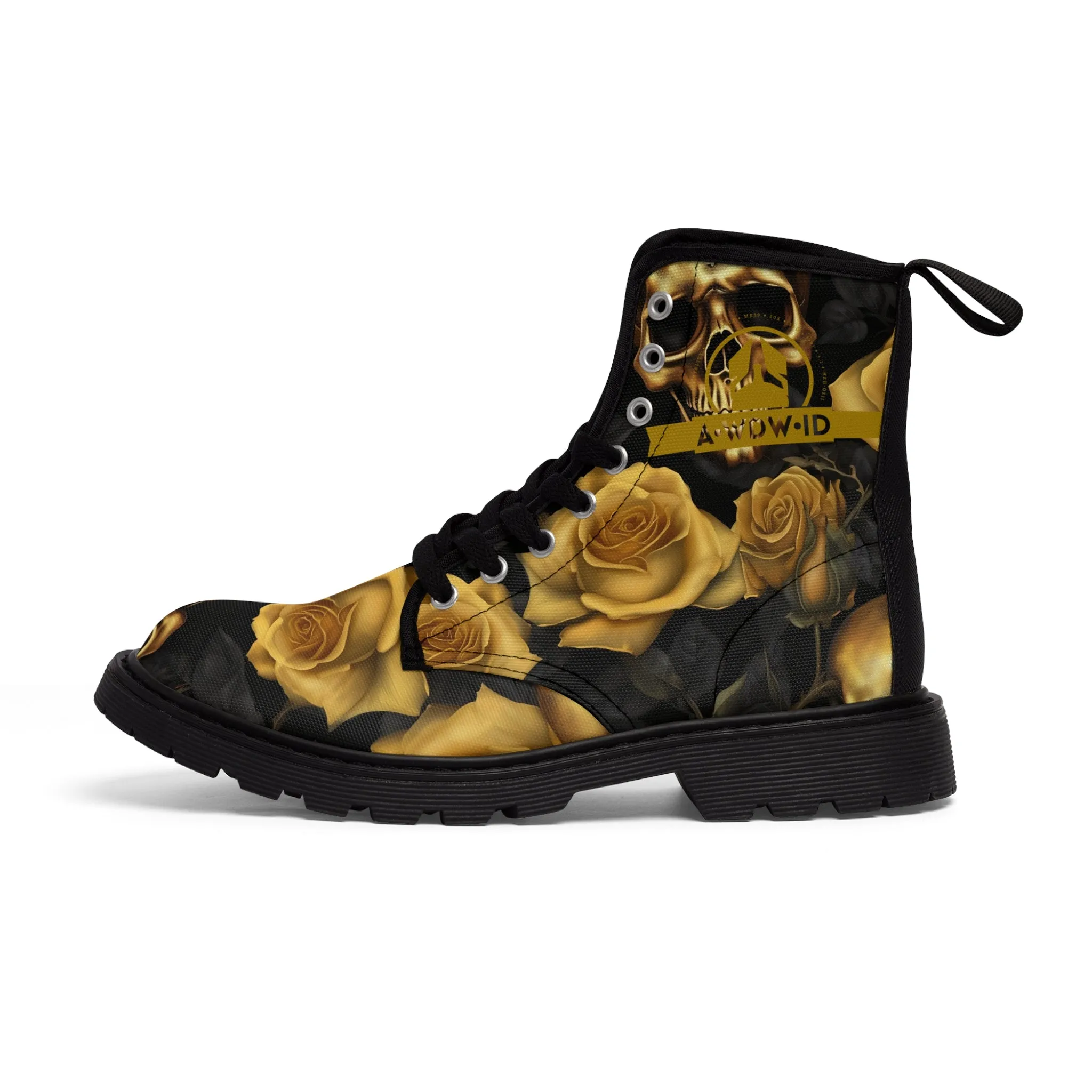 A1 Who Dares Wins ID  No 2 Gothic Skulls and Gold Roses Canvas Boots AOP