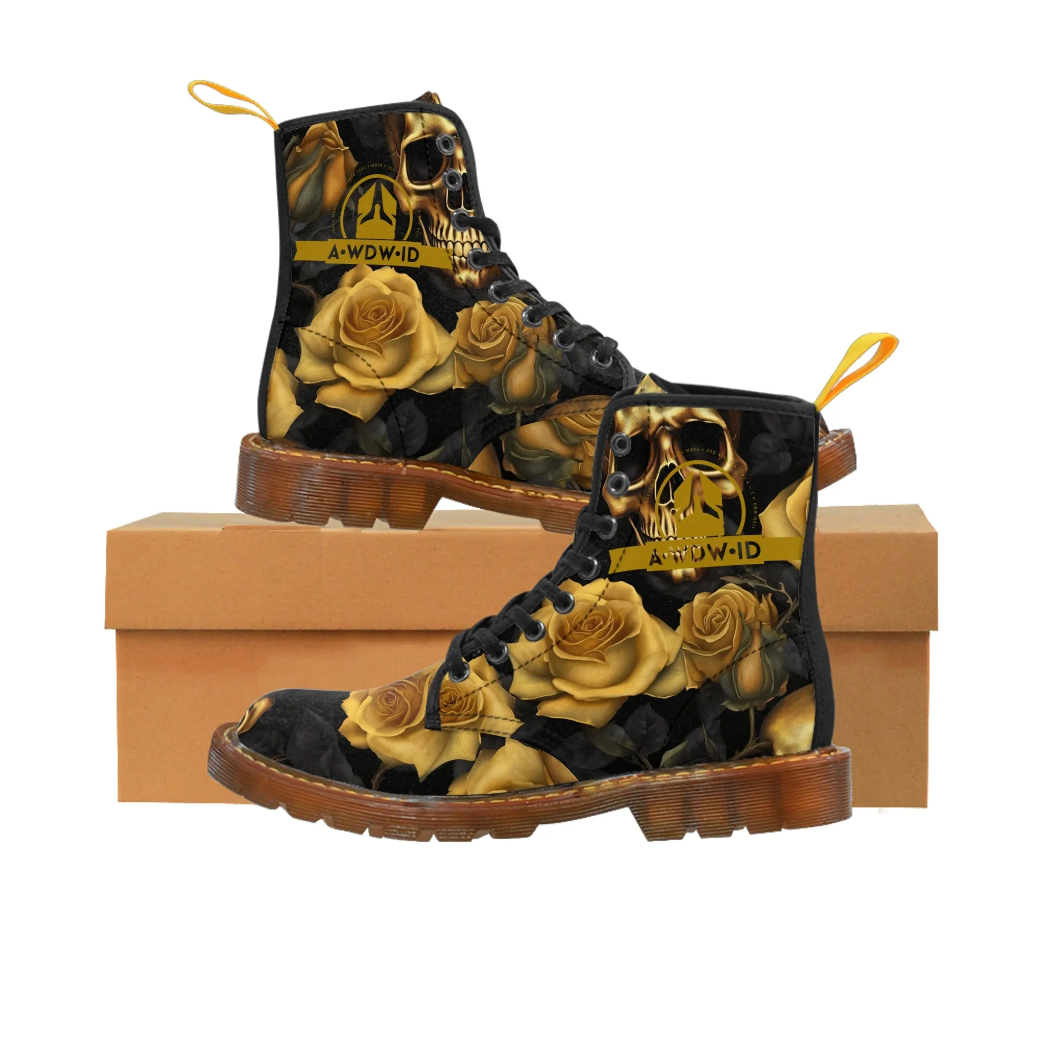 A1 Who Dares Wins ID  No 2 Gothic Skulls and Gold Roses Canvas Boots AOP