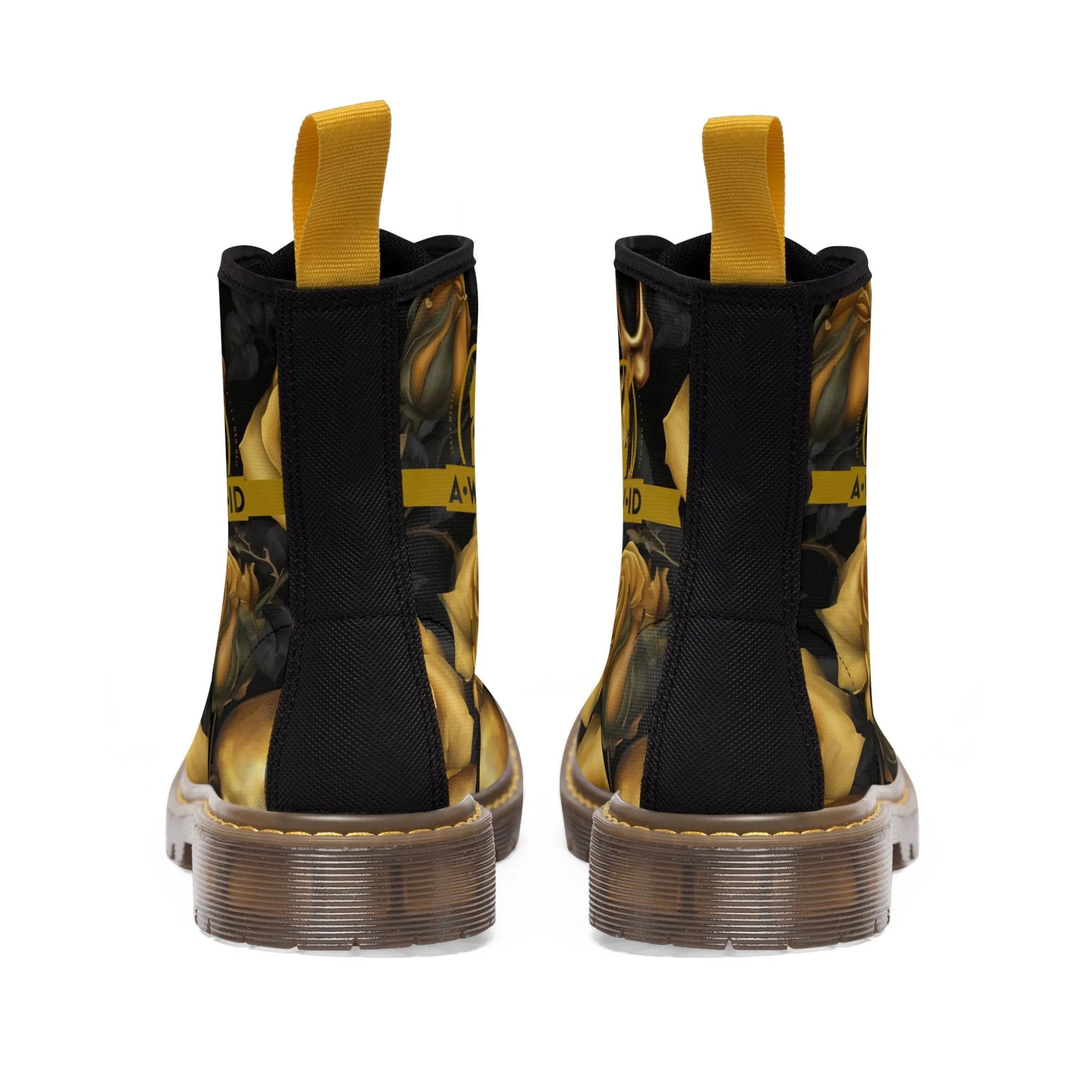 A1 Who Dares Wins ID  No 2 Gothic Skulls and Gold Roses Canvas Boots AOP