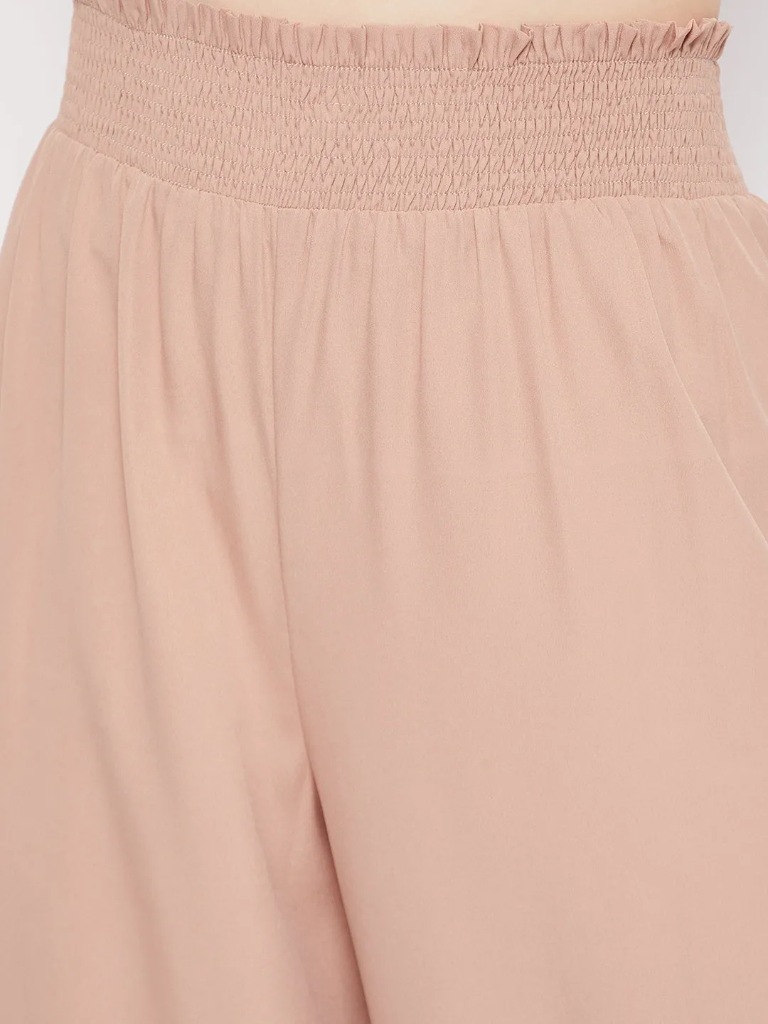 Berrylush Women Solid Pink Off-Shoulder Neck Shirred Tube Crop Top & Crinkle Regular Pants Co-Ord Set