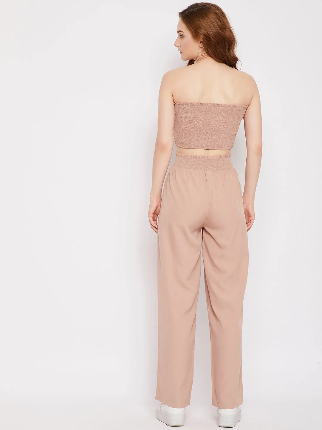 Berrylush Women Solid Pink Off-Shoulder Neck Shirred Tube Crop Top & Crinkle Regular Pants Co-Ord Set