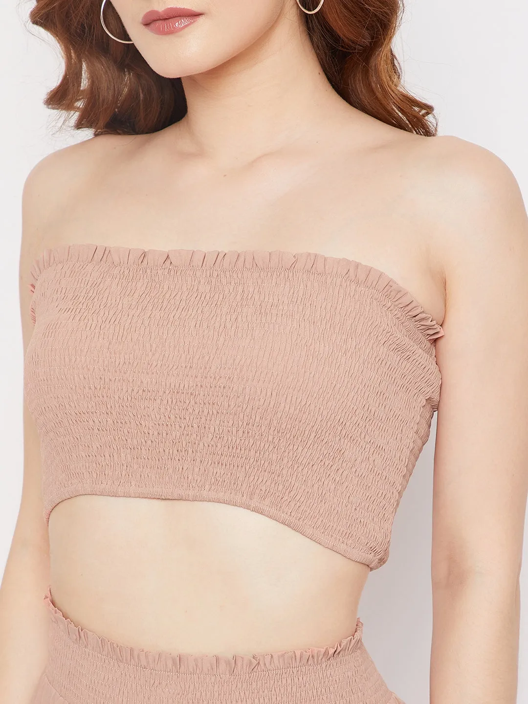 Berrylush Women Solid Pink Off-Shoulder Neck Shirred Tube Crop Top & Crinkle Regular Pants Co-Ord Set