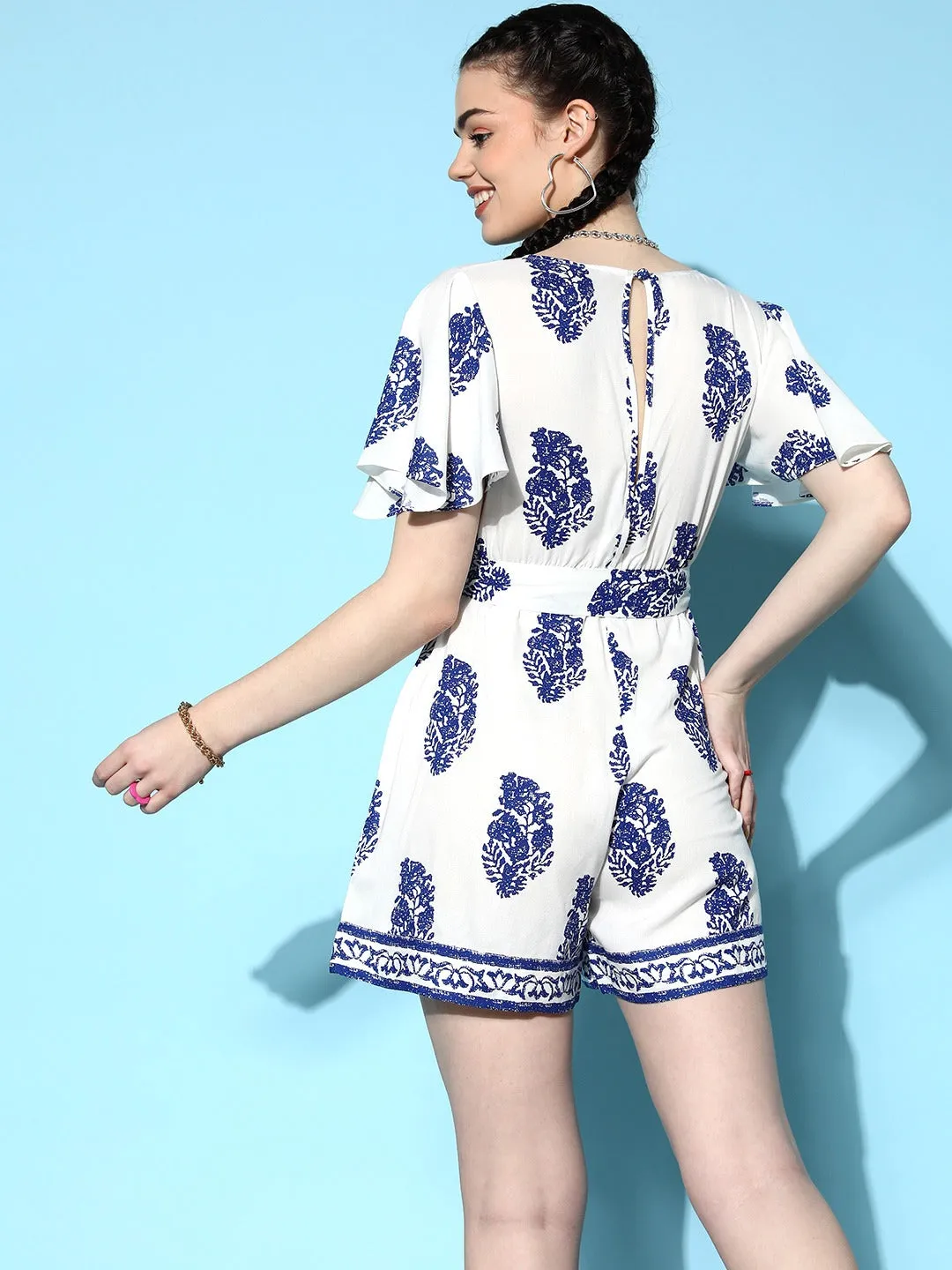Berrylush Women White & Blue Paisley Printed V-Neck Waist Tie-Up Wrap Mini Playsuit