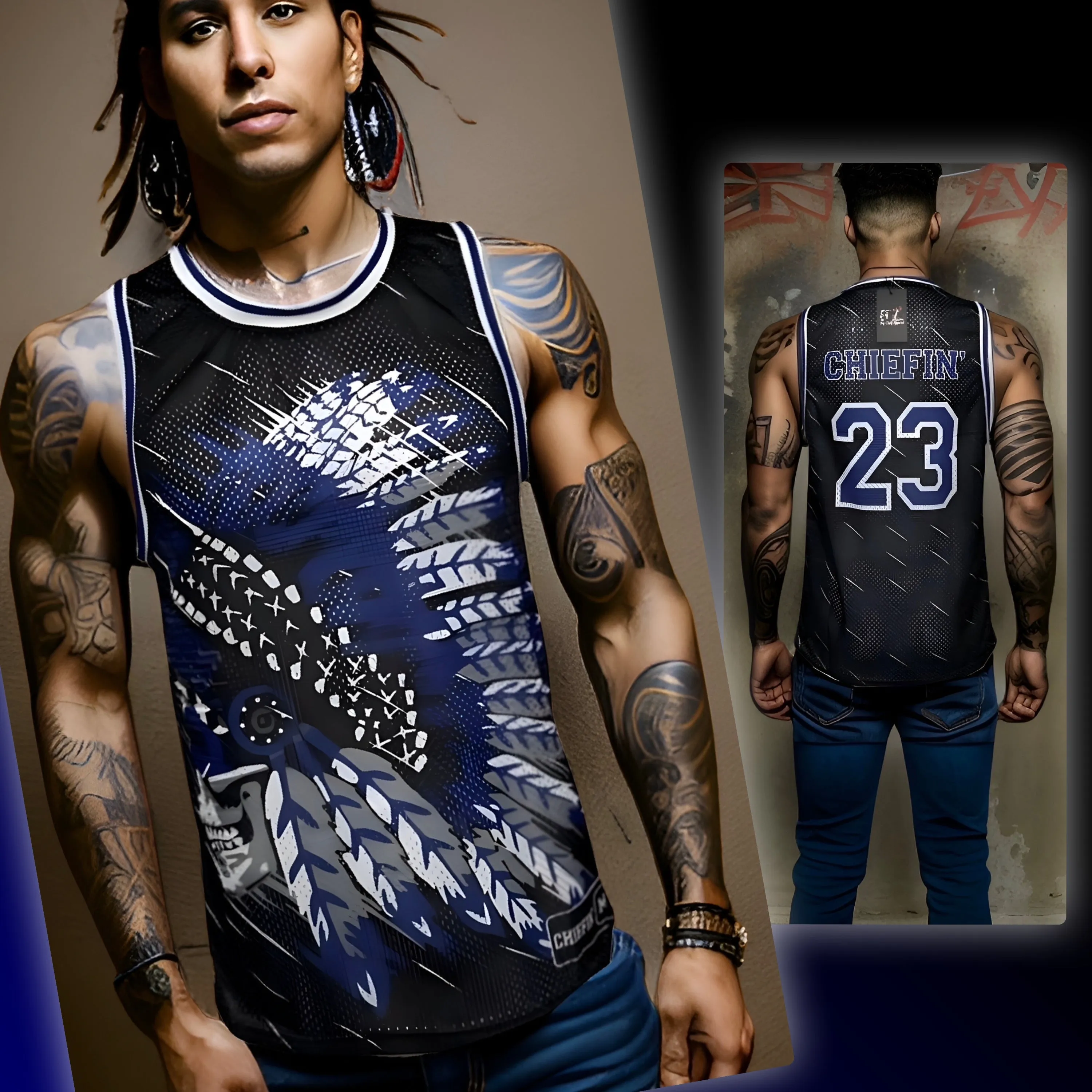 ^CHIEFIN’ 23^ BASKETBALL JERSEYS (BLACK-BLUE)