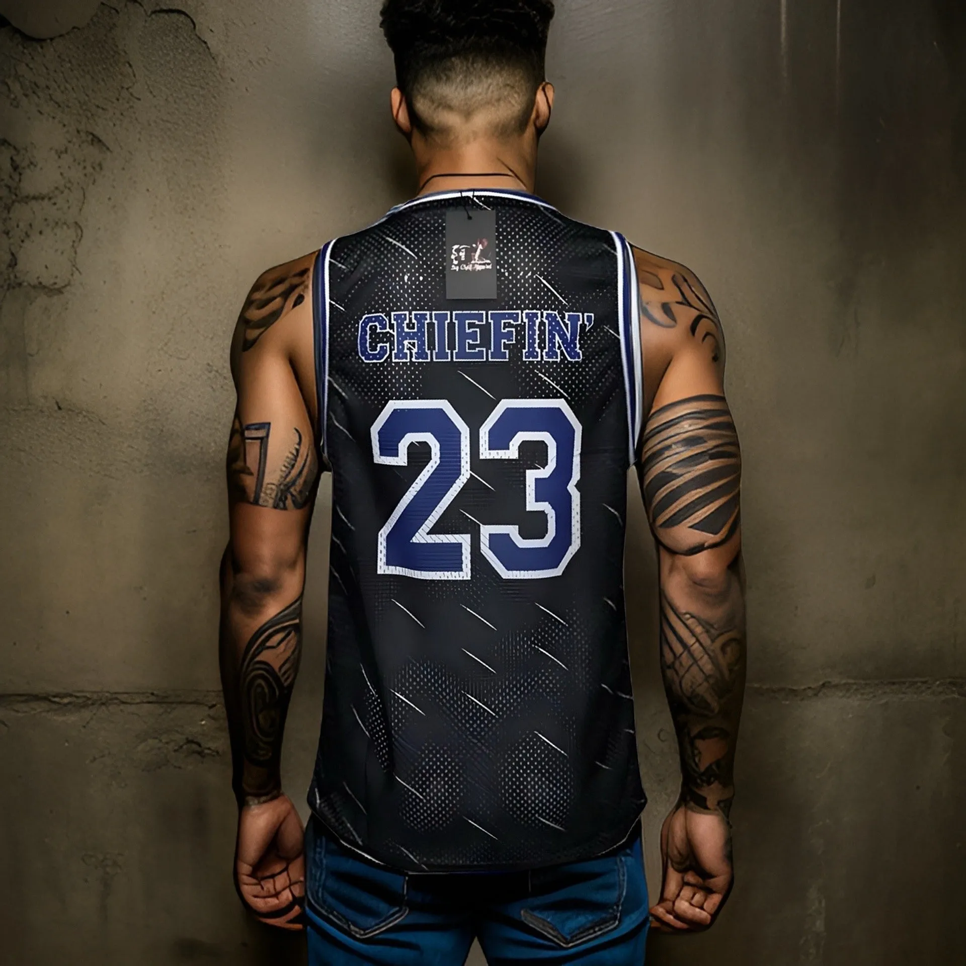 ^CHIEFIN’ 23^ BASKETBALL JERSEYS (BLACK-BLUE)