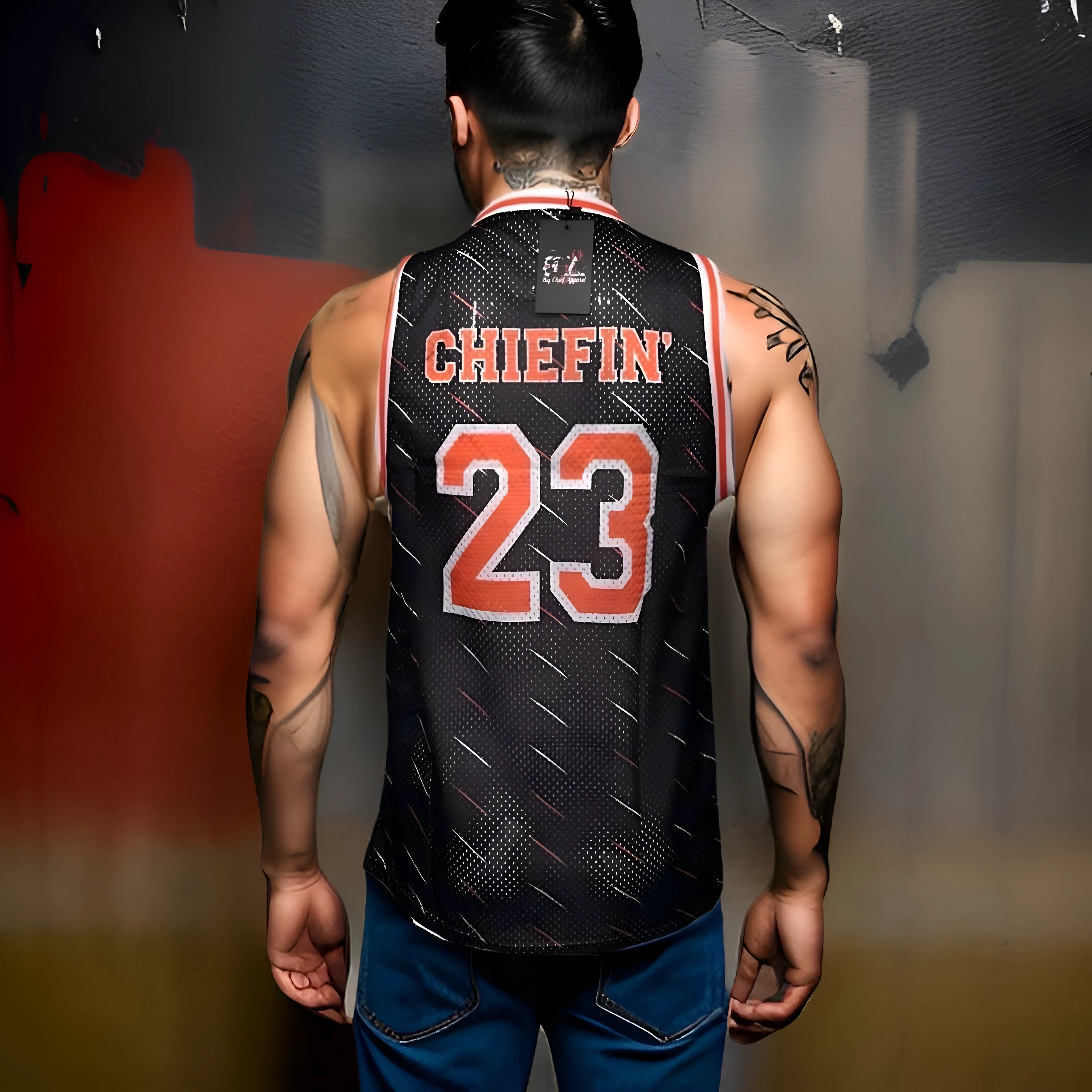 ^CHIEFIN’ 23^ BASKETBALL JERSEYS (BLACK-ORANGE)