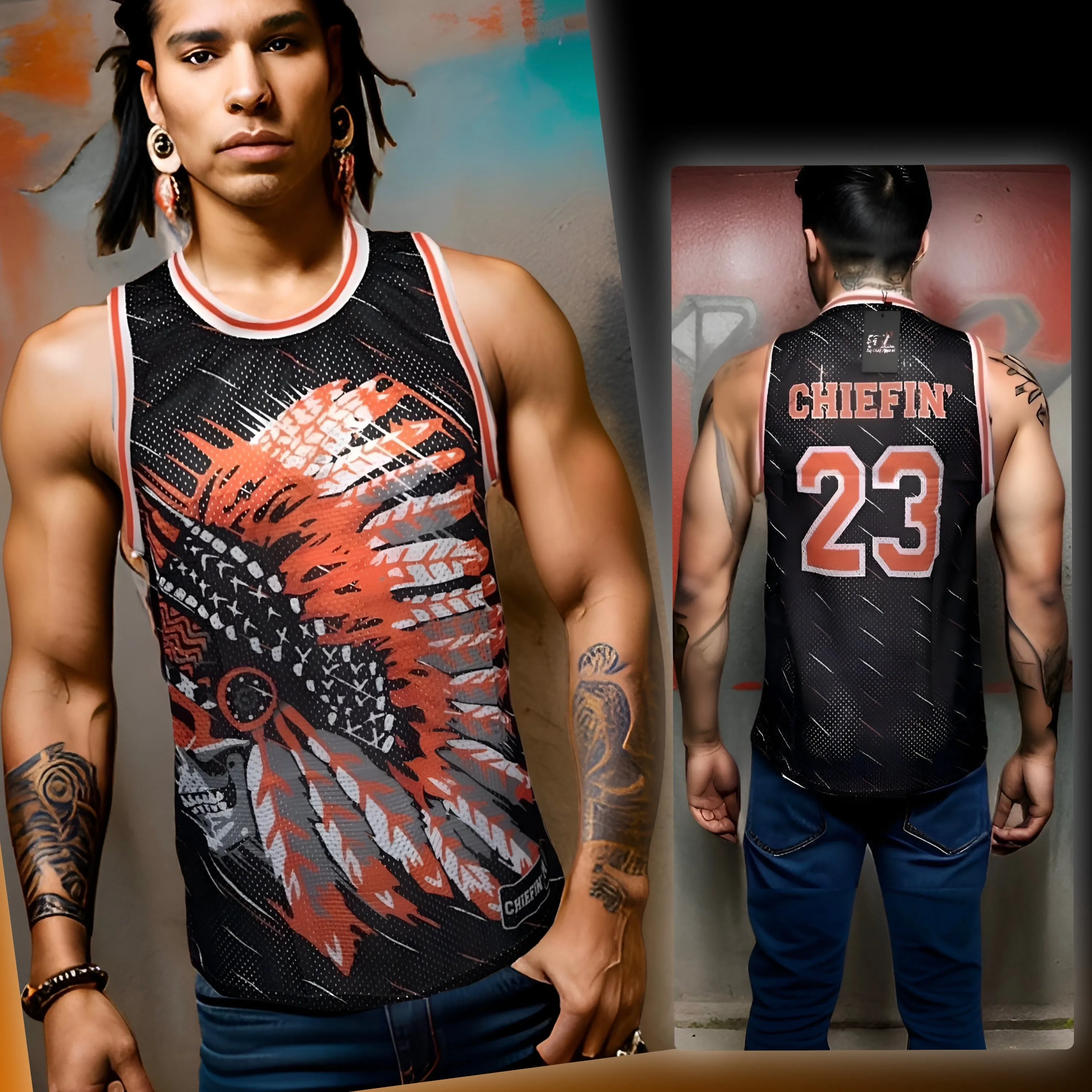^CHIEFIN’ 23^ BASKETBALL JERSEYS (BLACK-ORANGE)