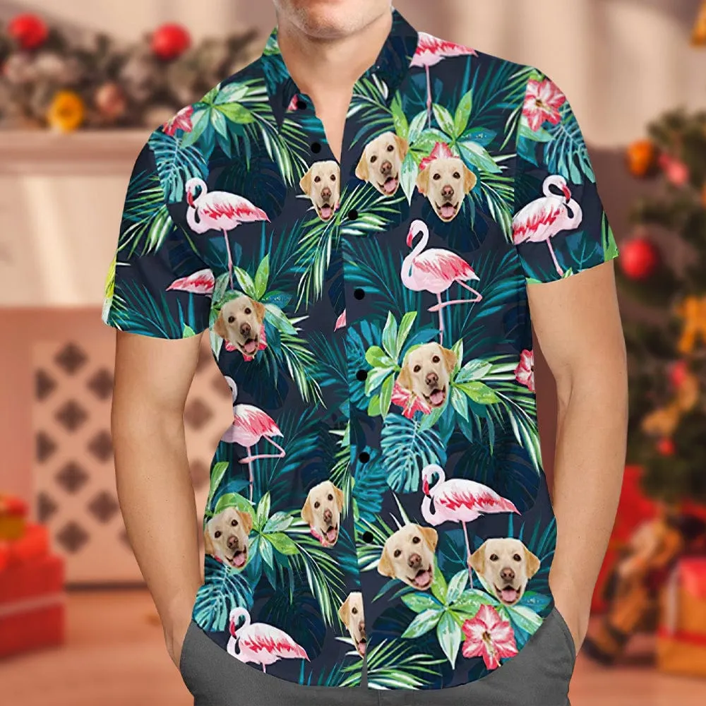 Christmas Gifts Custom Hawaiian Shirt with Face Custom Dog Face Shirt Leaves & Flamingo Button Down Shirts