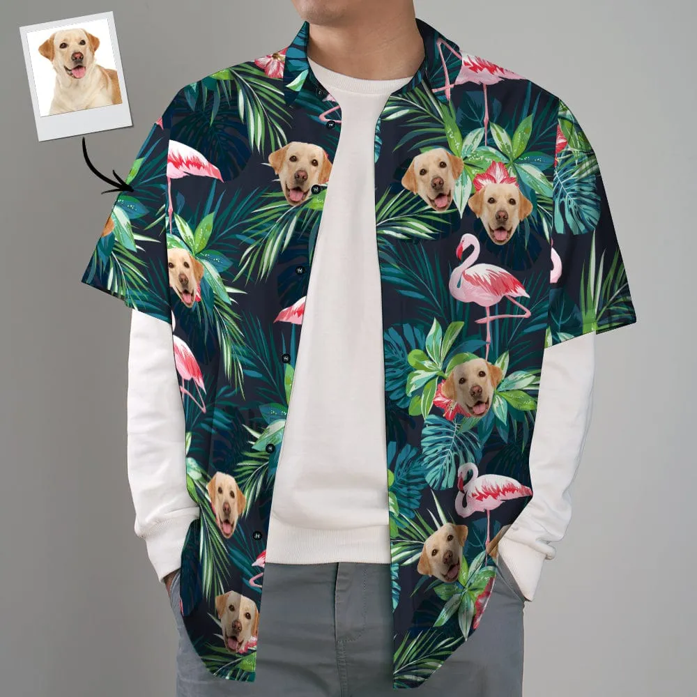 Christmas Gifts Custom Hawaiian Shirt with Face Custom Dog Face Shirt Leaves & Flamingo Button Down Shirts