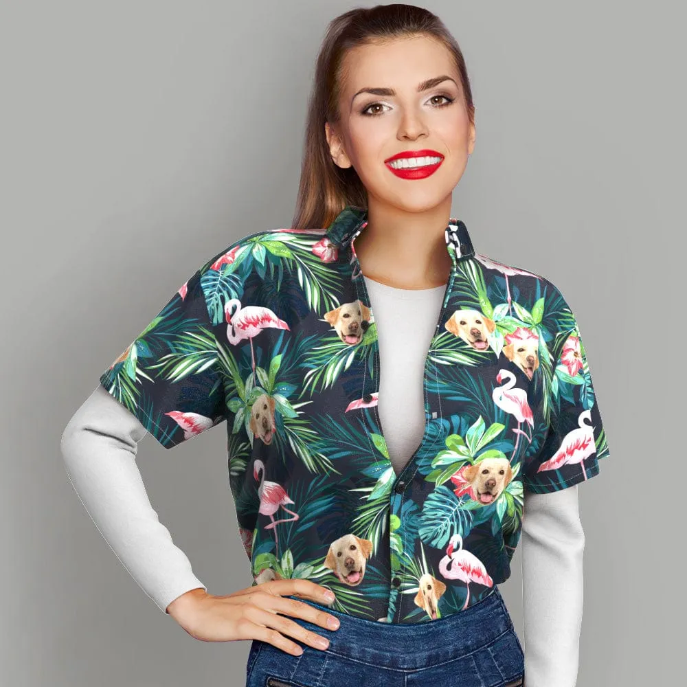 Christmas Gifts Custom Hawaiian Shirt with Face Custom Dog Face Shirt Leaves & Flamingo Button Down Shirts