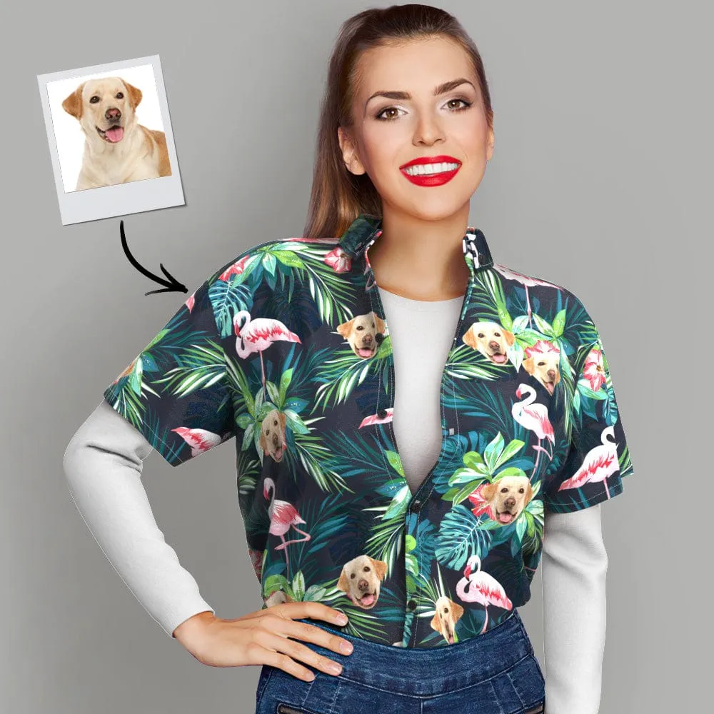 Christmas Gifts Custom Hawaiian Shirt with Face Custom Dog Face Shirt Leaves & Flamingo Button Down Shirts