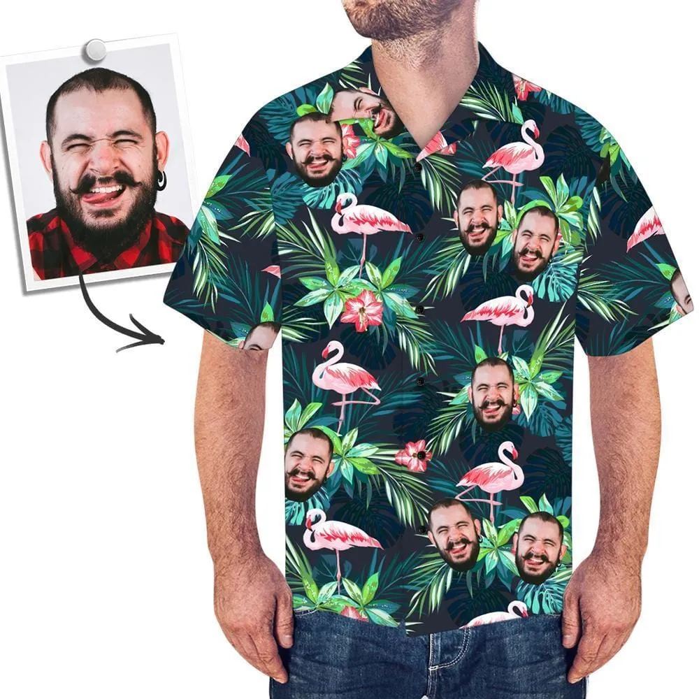 Christmas Gifts Custom Hawaiian Shirt with Face Custom Dog Face Shirt Leaves & Flamingo Button Down Shirts