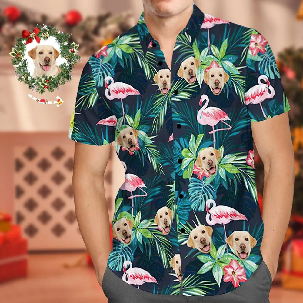 Christmas Gifts Custom Hawaiian Shirt with Face Custom Dog Face Shirt Leaves & Flamingo Button Down Shirts