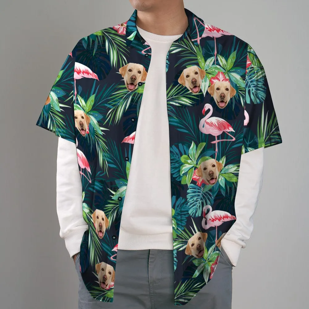 Christmas Gifts Custom Hawaiian Shirt with Face Custom Dog Face Shirt Leaves & Flamingo Button Down Shirts