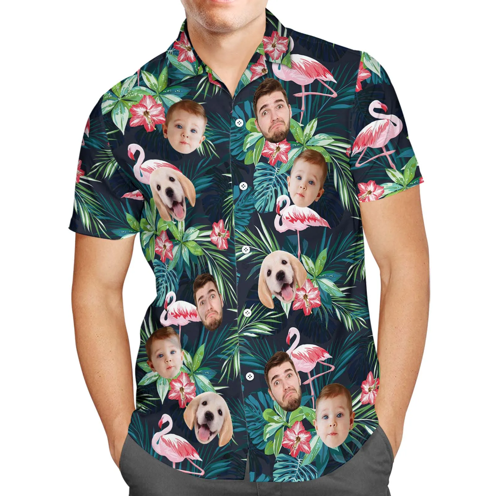 Custom Face Hawaiian Shirt Personalized Men's Photo Flamingo Flower Vacation Party Gifts - Up to 3 Faces