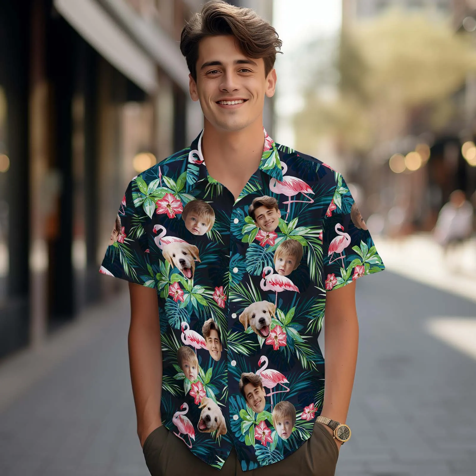 Custom Face Hawaiian Shirt Personalized Men's Photo Flamingo Flower Vacation Party Gifts - Up to 3 Faces
