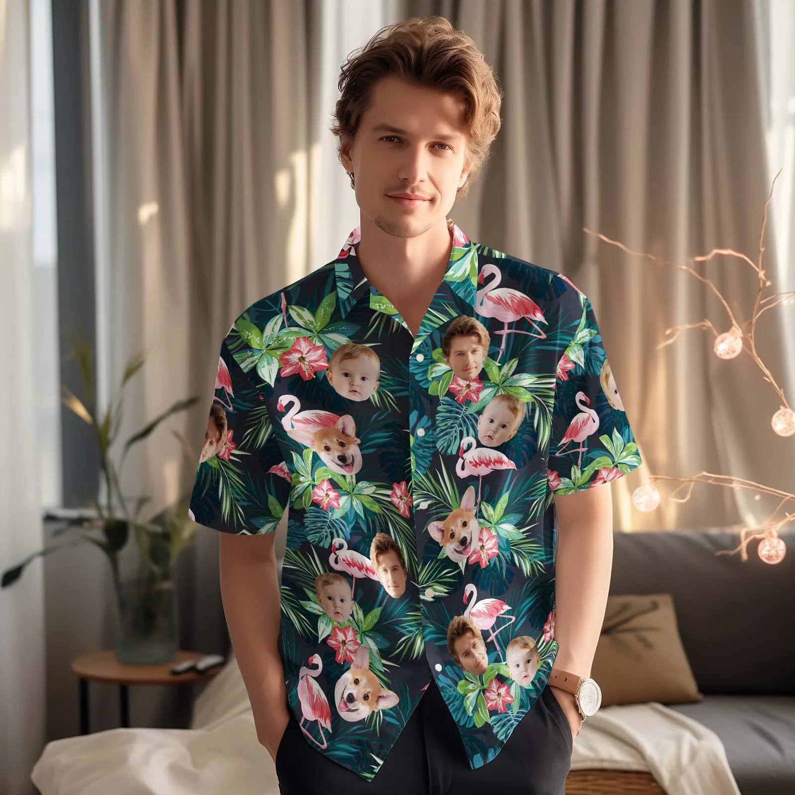Custom Face Hawaiian Shirt Personalized Men's Photo Flamingo Flower Vacation Party Gifts - Up to 3 Faces