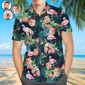 Custom Face Hawaiian Shirt Personalized Men's Photo Flamingo Flower Vacation Party Gifts - Up to 3 Faces