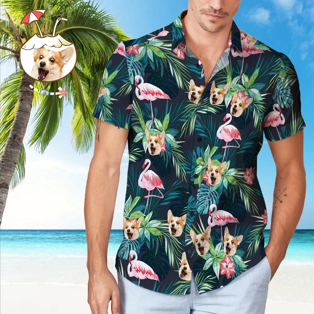 Custom Hawaiian Shirt with Dog Face Leaves & Flamingo Gifts for Pet Lovers