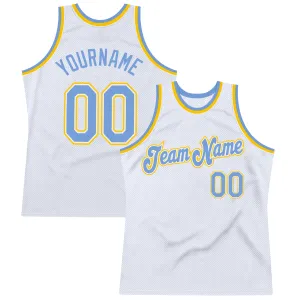 Custom White Light Blue-Gold Authentic Throwback Basketball Jersey
