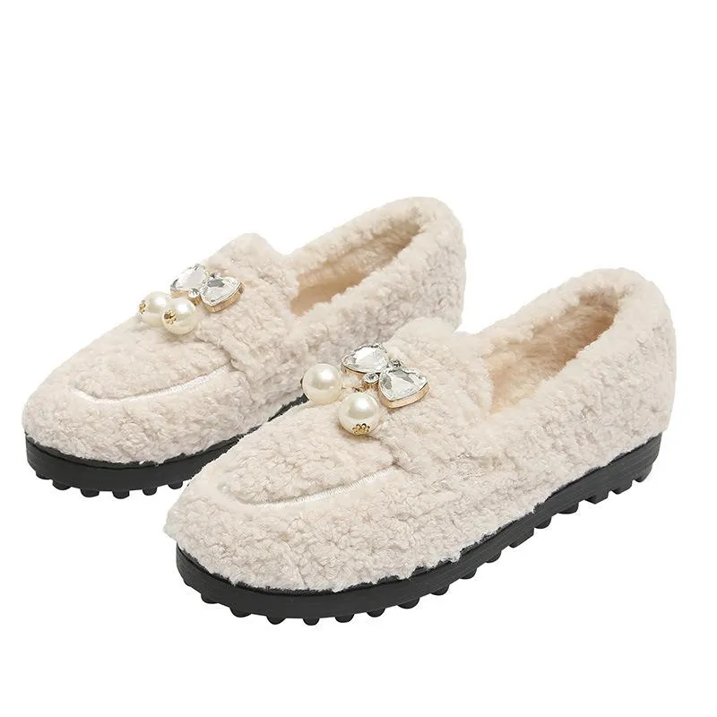 Furry Outer Wearing Flats Loafers Belt Bright diamond Bowknot Backless  Wild Fluffy Flat Mules Warm