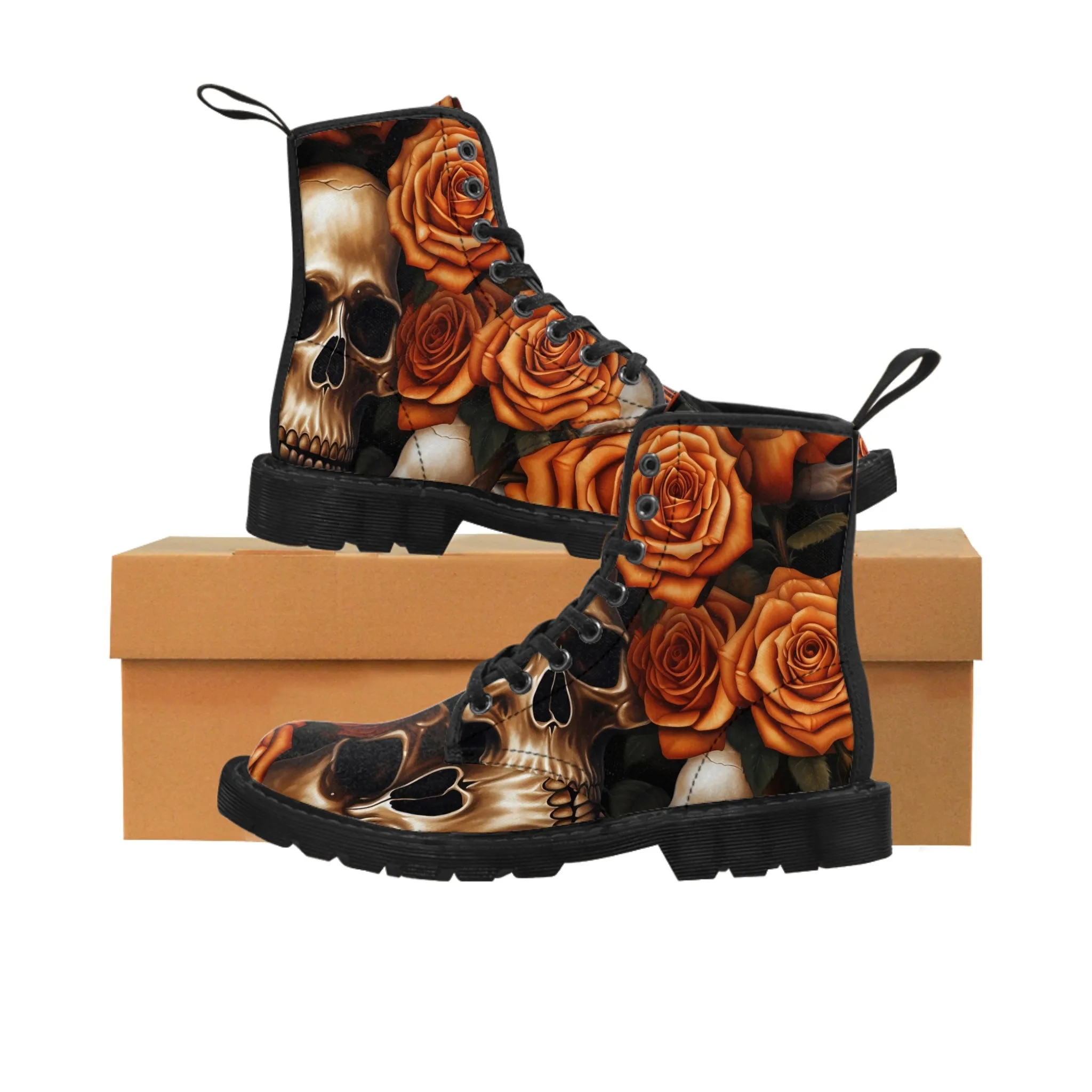 Gothic Orange no 2 Skulls and  Roses Women's Canvas Boots