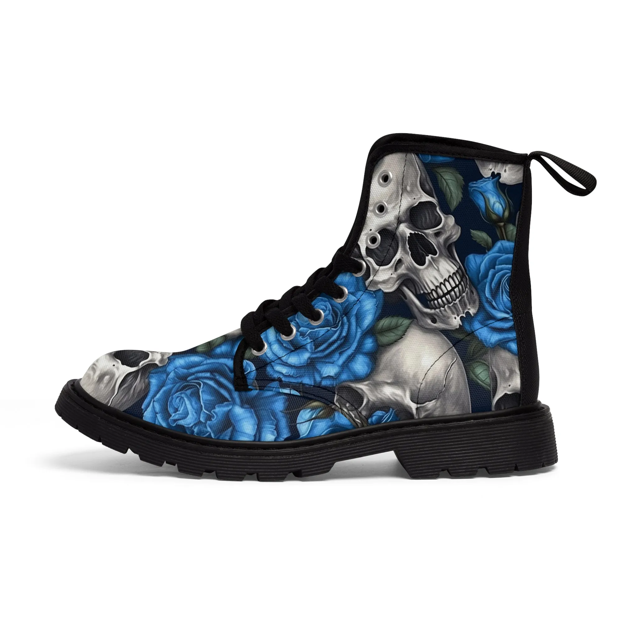Gothic Skull and Blue Roses Canvas Boots AOP