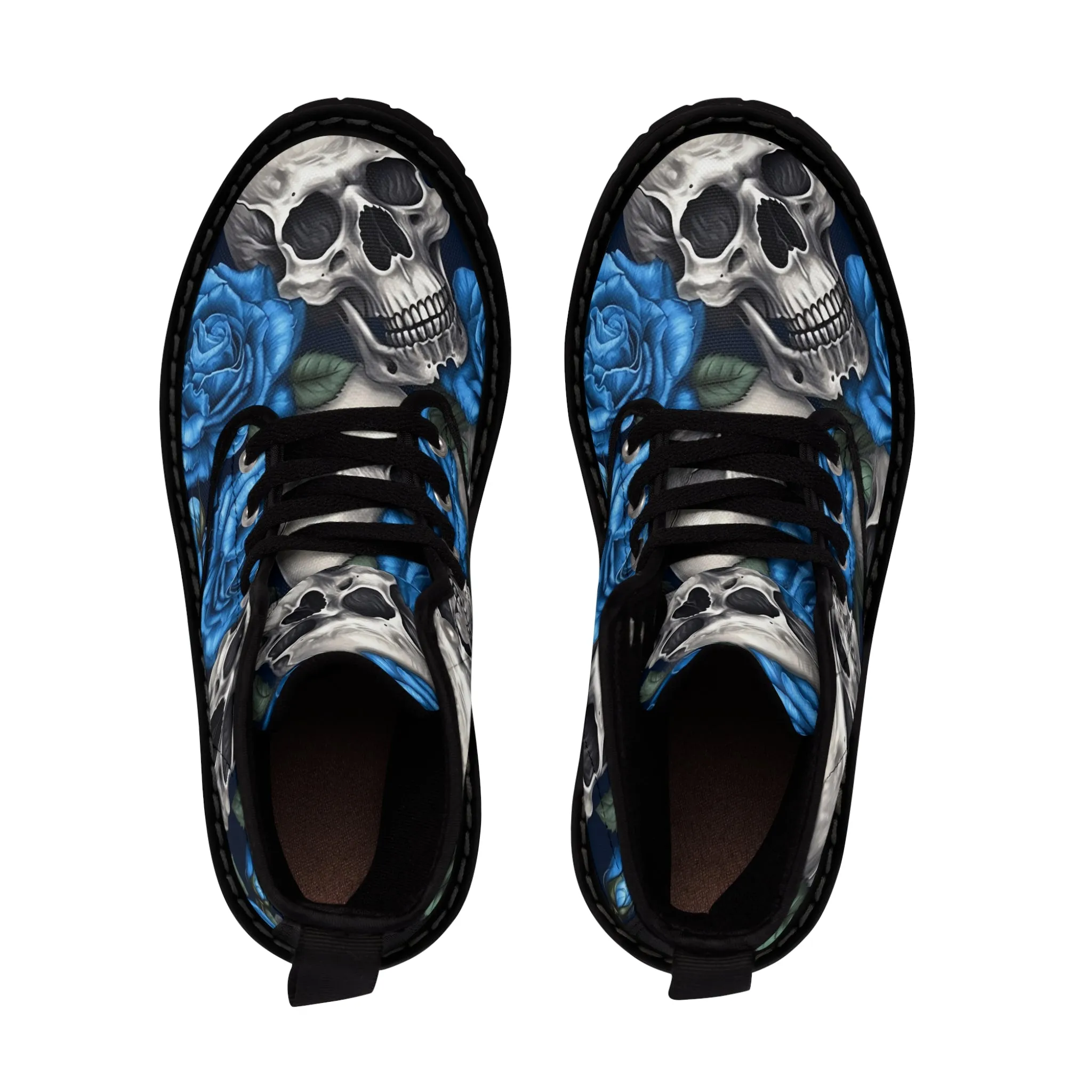 Gothic Skull and Blue Roses Canvas Boots AOP
