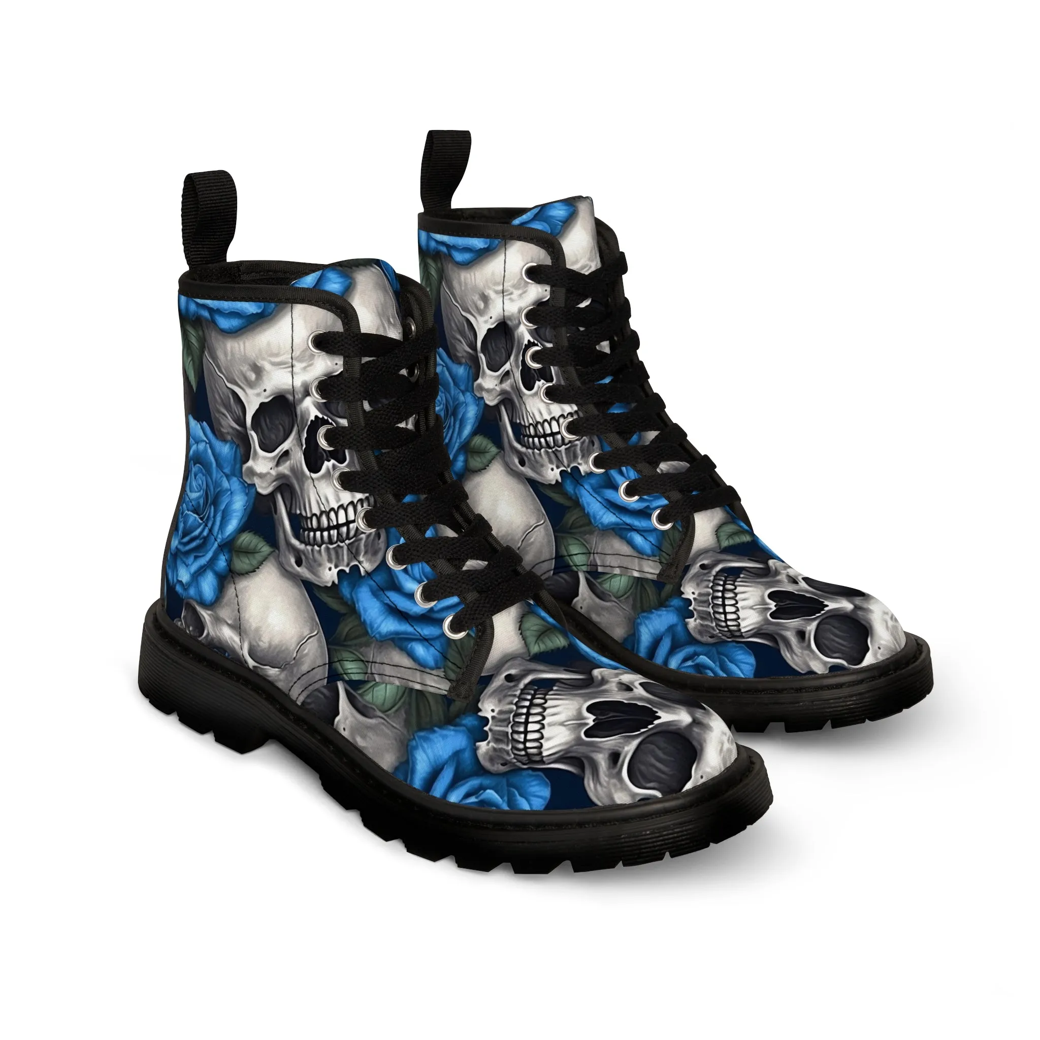 Gothic Skull and Blue Roses Canvas Boots AOP
