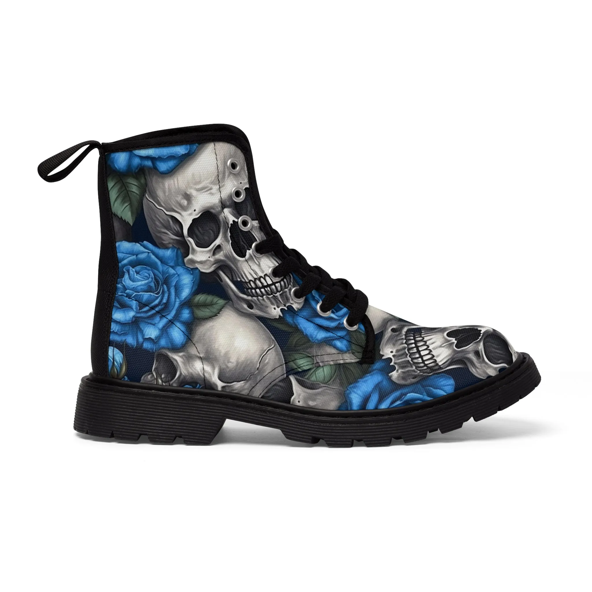 Gothic Skull and Blue Roses Canvas Boots AOP