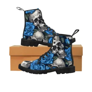Gothic Skull and Blue Roses Canvas Boots AOP