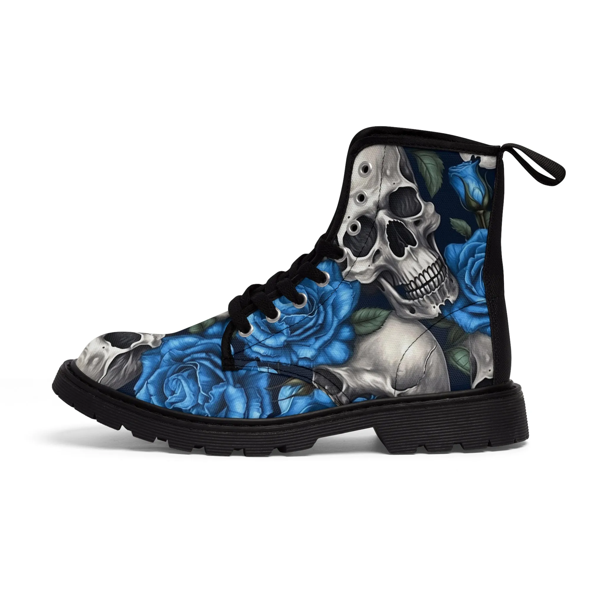 Gothic Skull and Blue Roses Canvas Boots AOP