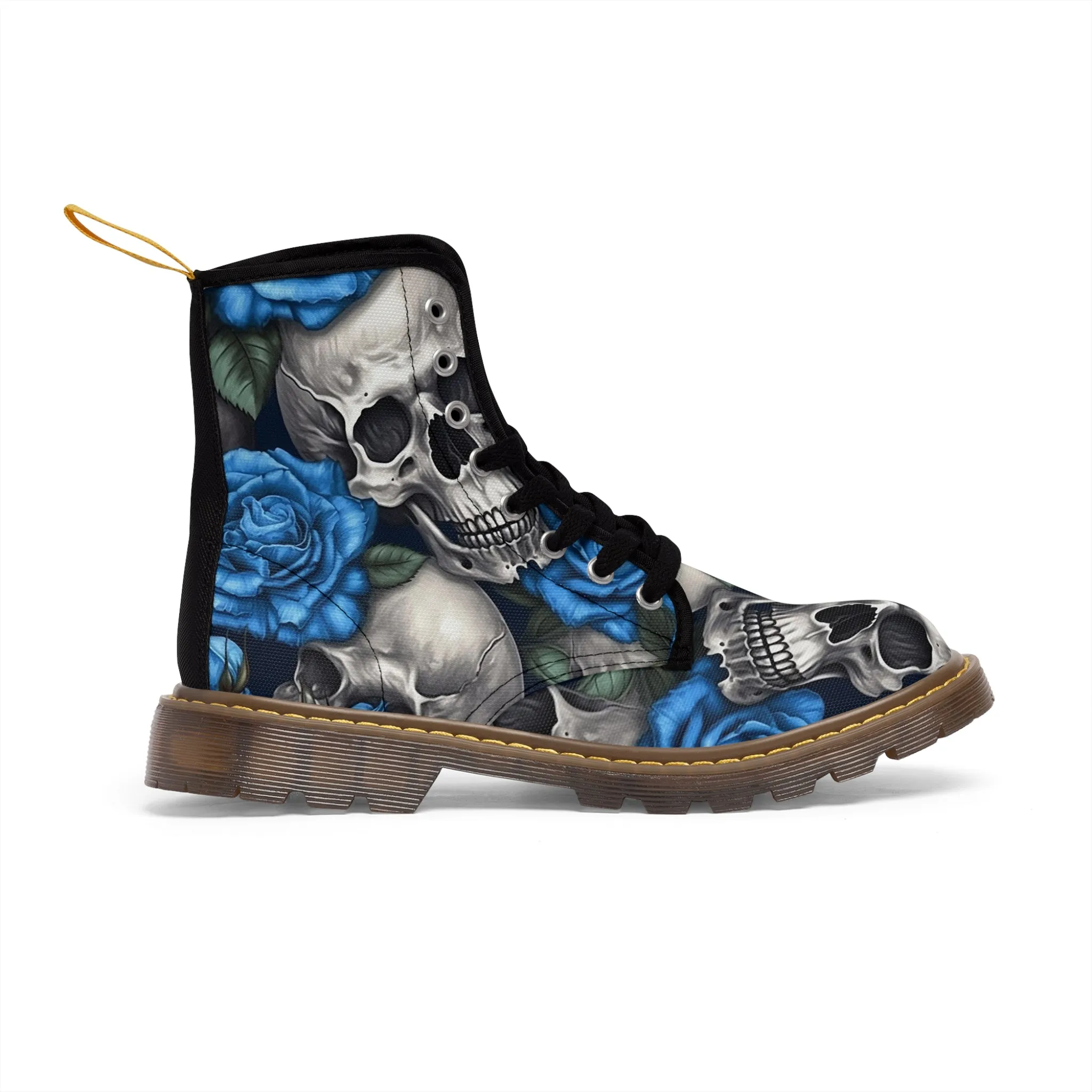 Gothic Skull and Blue Roses Canvas Boots AOP