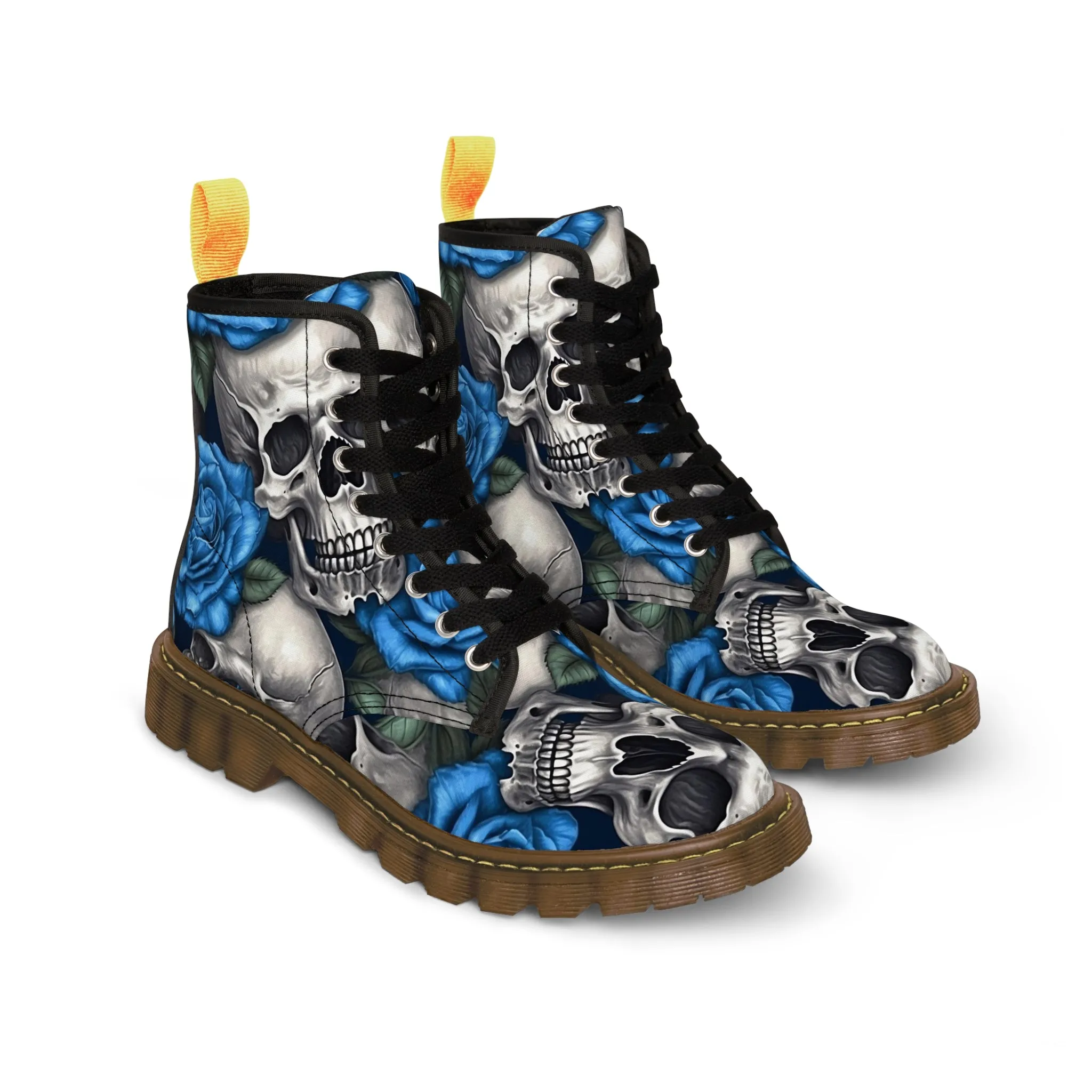 Gothic Skull and Blue Roses Canvas Boots AOP