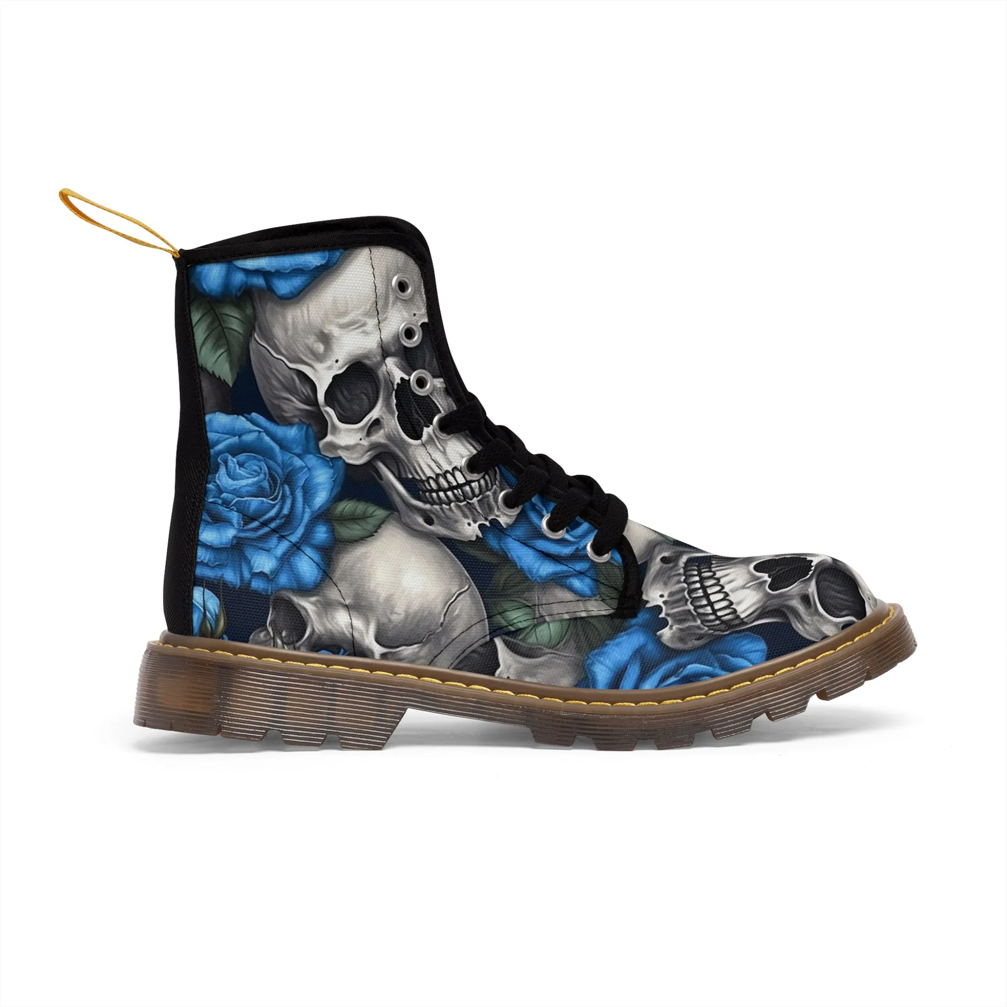Gothic Skull and Blue Roses Canvas Boots AOP