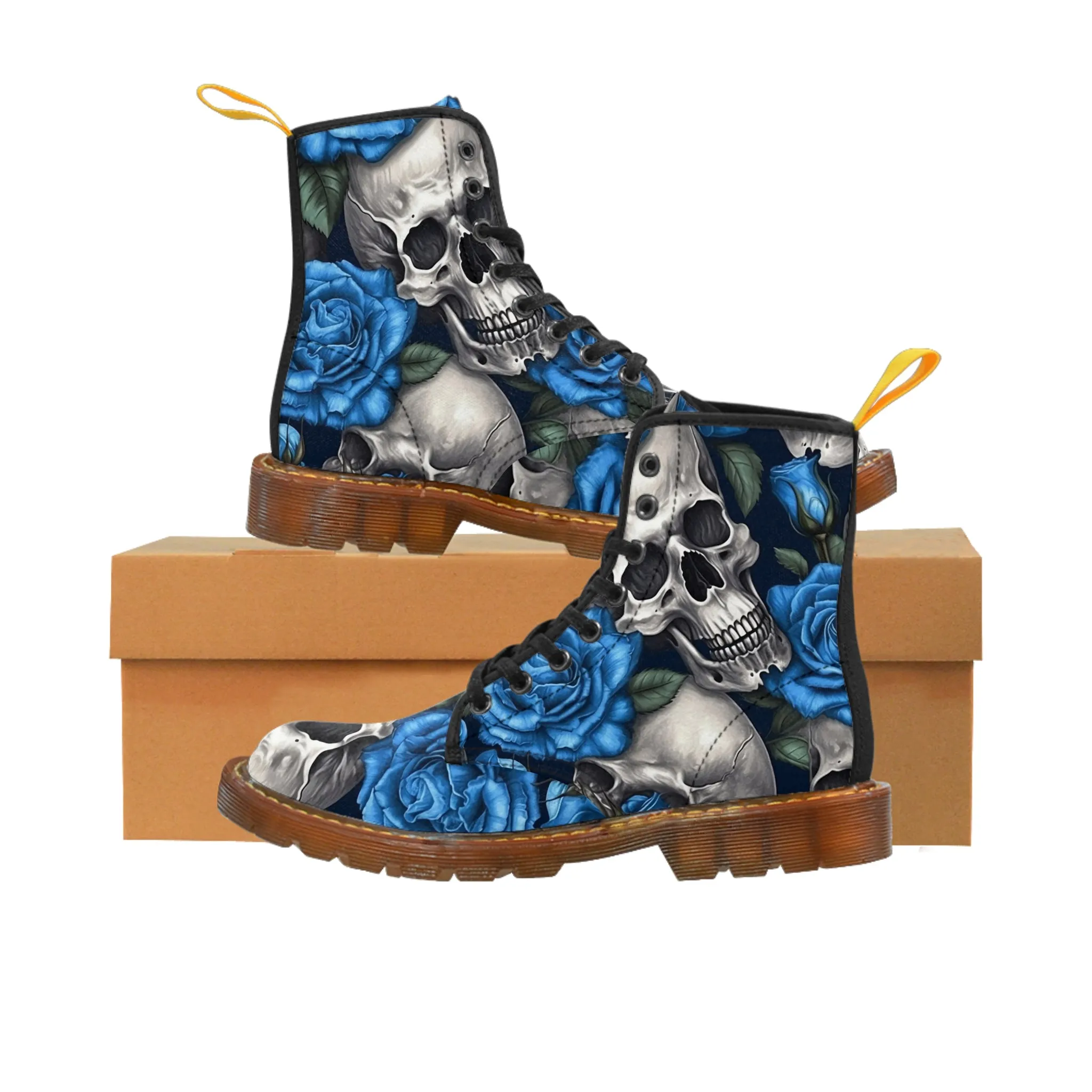 Gothic Skull and Blue Roses Canvas Boots AOP