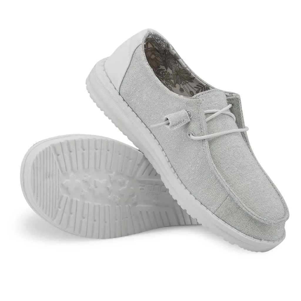 Hey Dude Wendy Stretch Sparkling White Fashion Canvas Womens Lace Up Flat Loafers