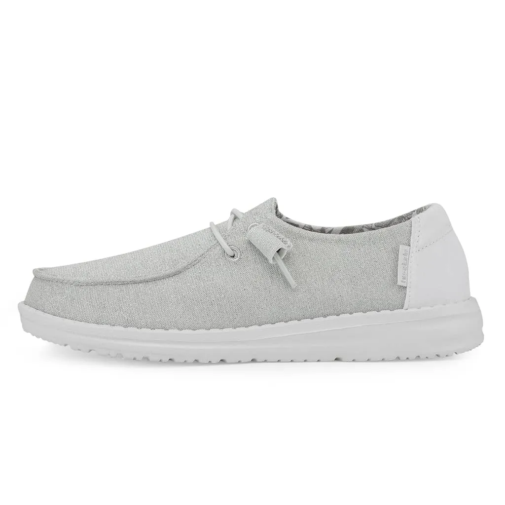 Hey Dude Wendy Stretch Sparkling White Fashion Canvas Womens Lace Up Flat Loafers