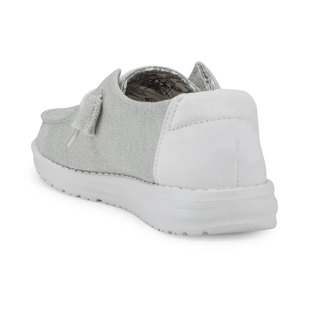 Hey Dude Wendy Stretch Sparkling White Fashion Canvas Womens Lace Up Flat Loafers