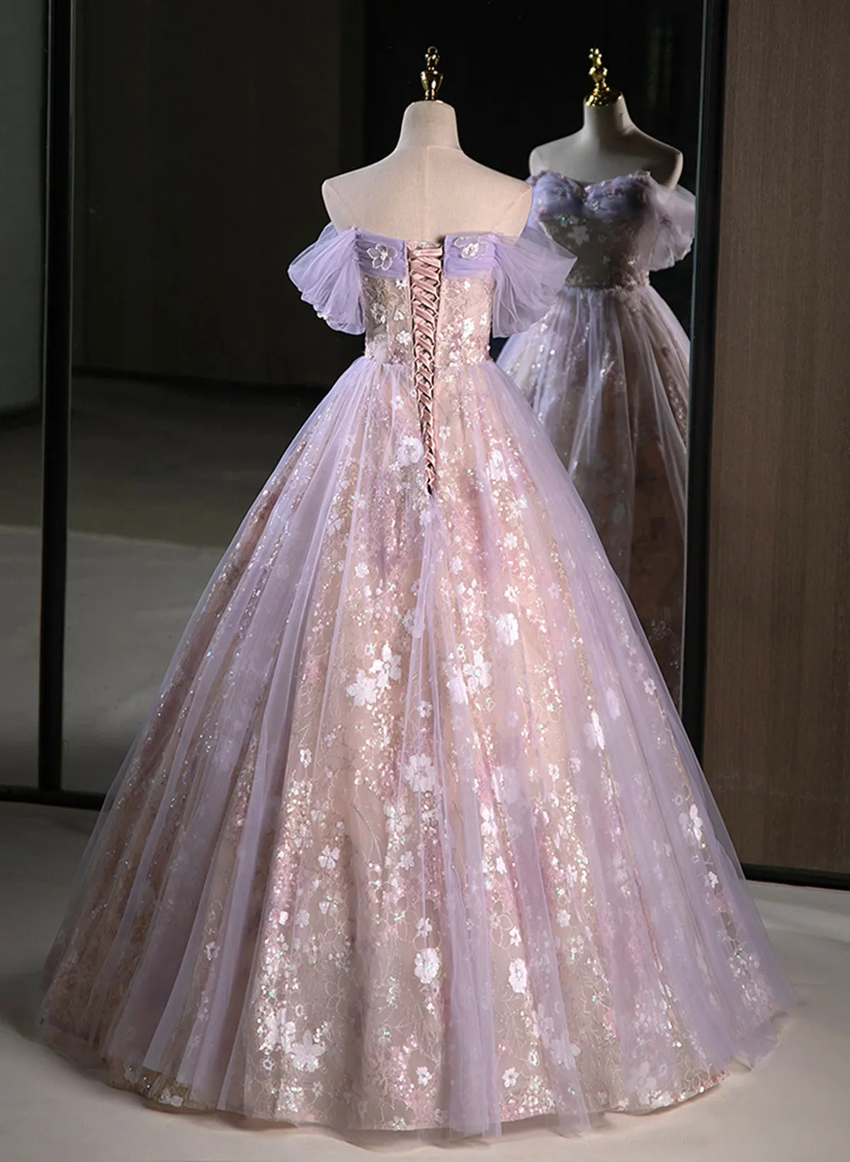 Lovely Light Purple Floral Tulle Off Shoulder Party Dress, Light Purple Tulle Prom Dress