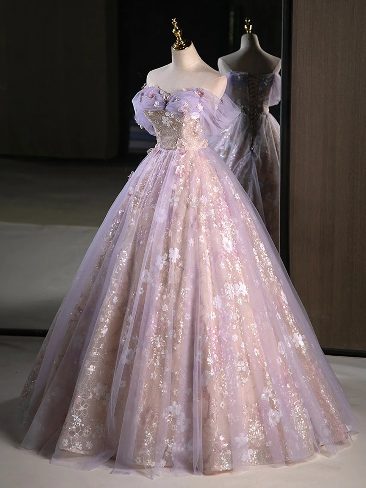 Lovely Light Purple Floral Tulle Off Shoulder Party Dress, Light Purple Tulle Prom Dress