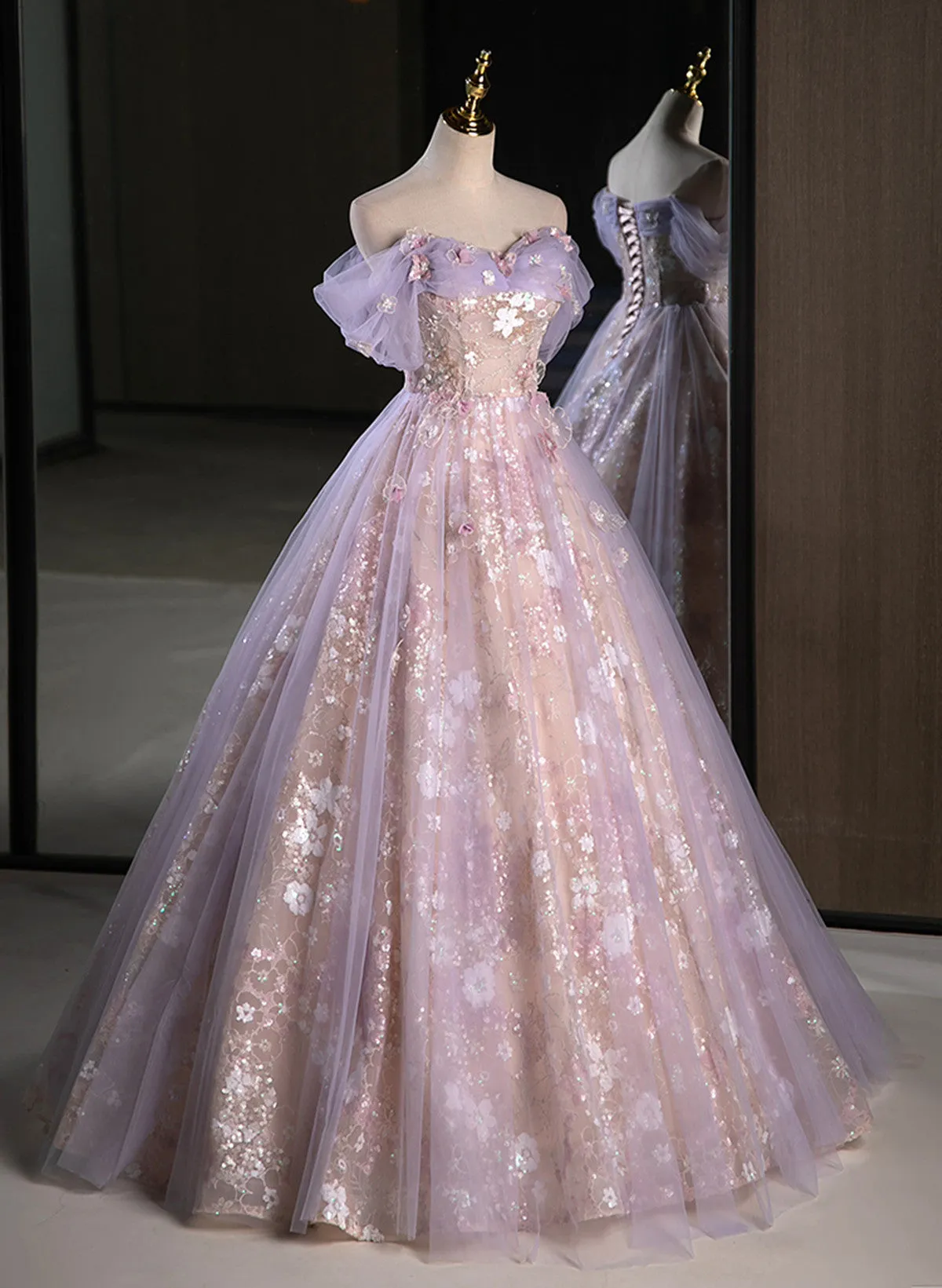 Lovely Light Purple Floral Tulle Off Shoulder Party Dress, Light Purple Tulle Prom Dress