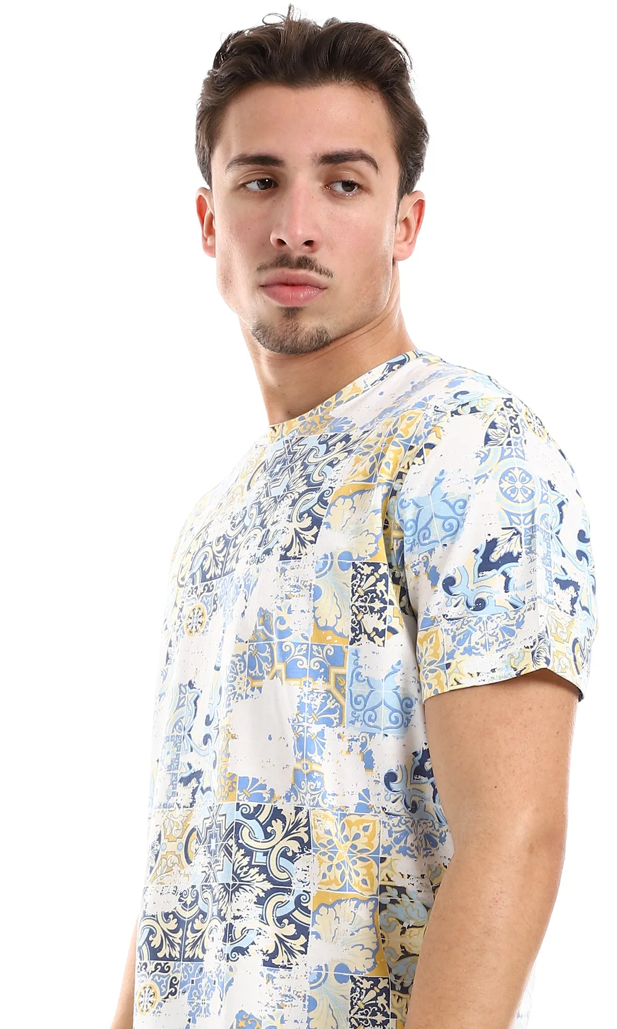 O164749 Tiles Like Patterned Tee - Beige, Blue Shades & Yellow